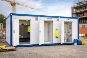 Bungalow sanitaire de chantier ouvert montrant vestiaire, douche et WC sur un chantier de construction