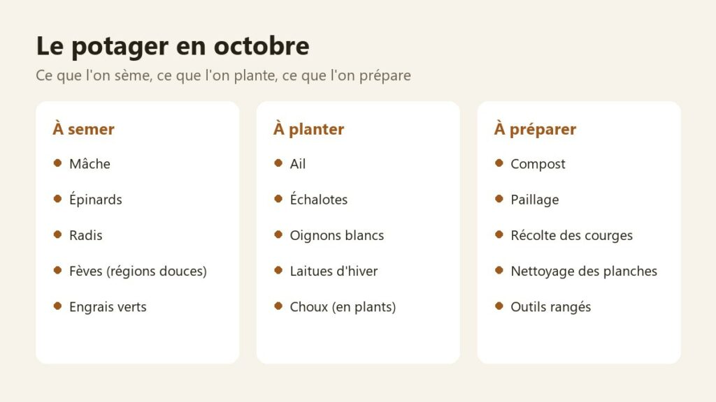 Ce que l'on sème, plante et prépare au potager en octobre